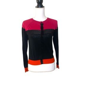 Stile Benetton Cardigan Sweater Colorblock Wool Blend Pink Black Womens Small